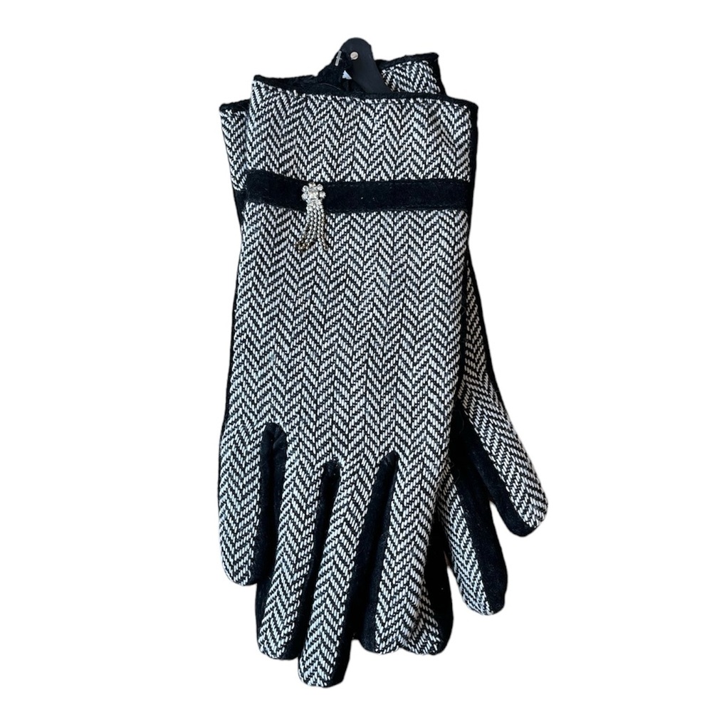 Vintage Leather Gloves Black Herringbone Embellished S Small New